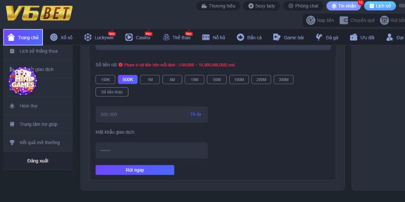 Nhập vào số tiền người chơi muốn rút từ nhà cái V6bet 